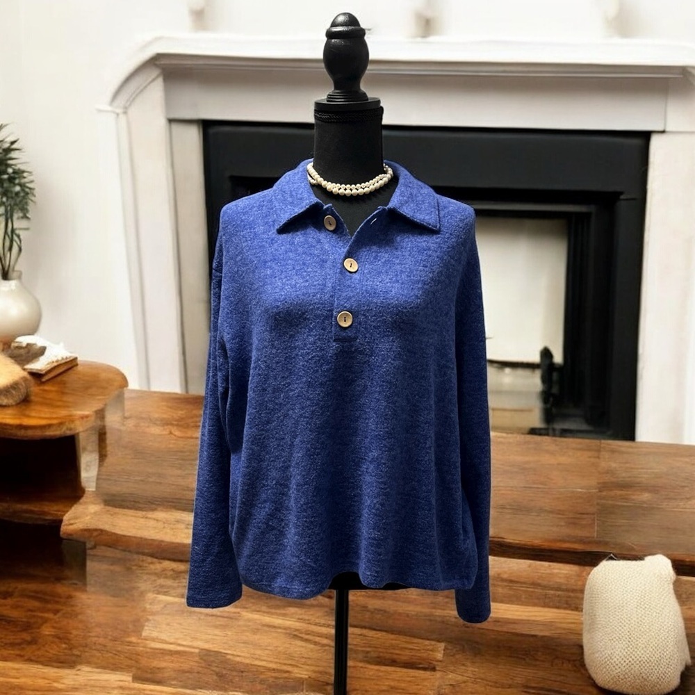 Zenana Blue Button-Up Soft Sweater Size Medium